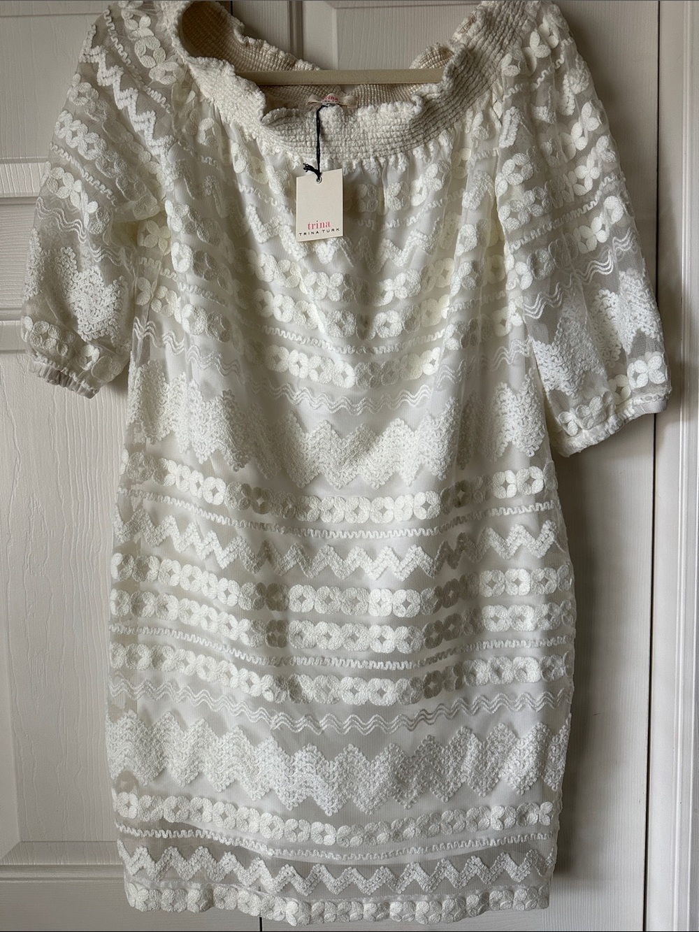 Trina Turk Cream Lace-Patterned Off-Shoulder Shift Dress